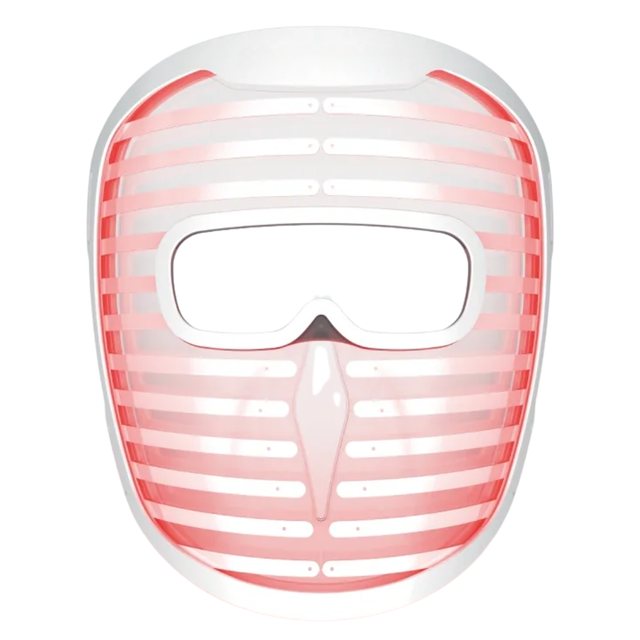 A hard-shell at-home LED face mask with integrated eye shield, shown as a generic example of the category